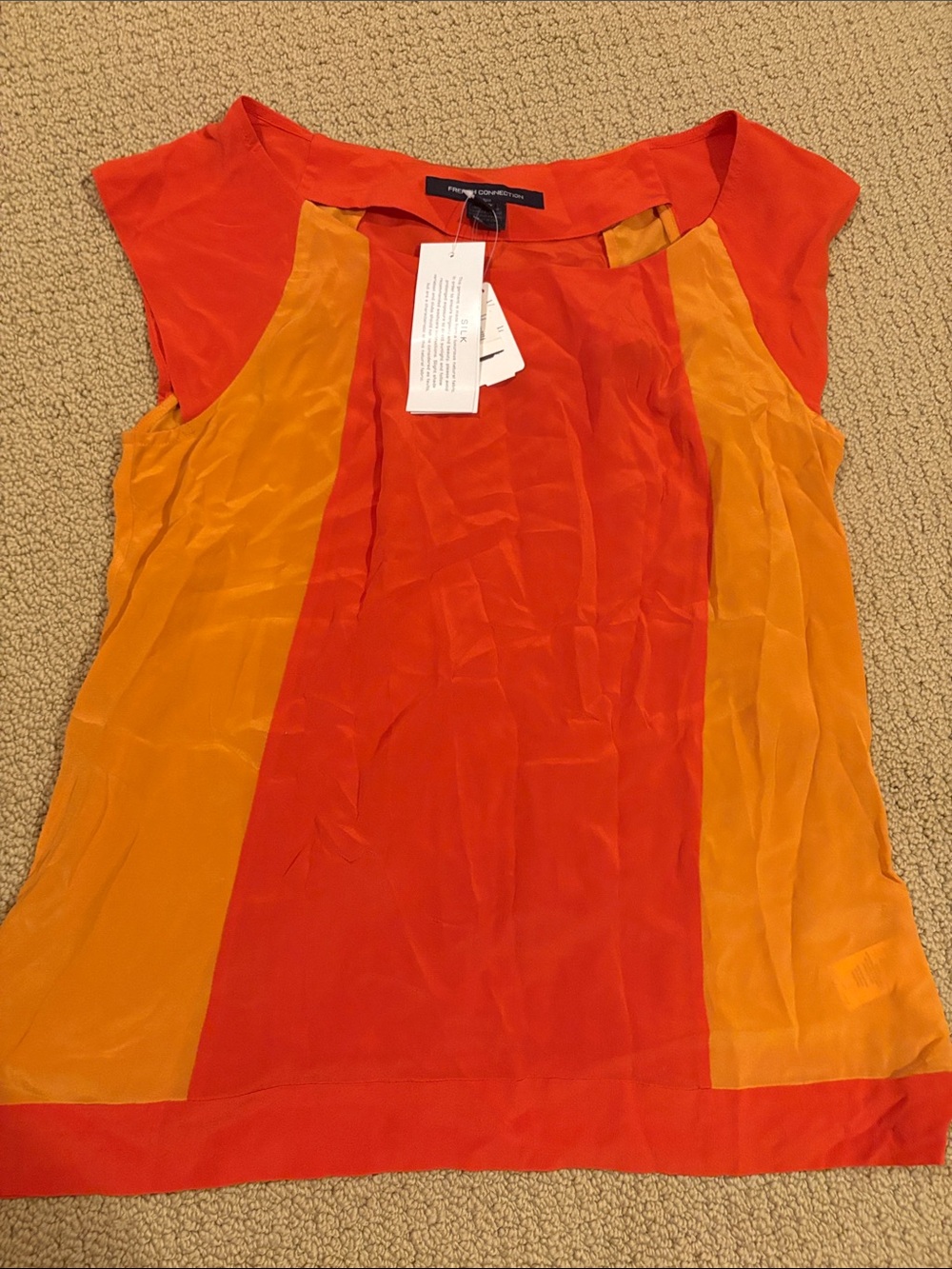 Silk Colorblock Cap-Sleeve Top in Orange and Gold